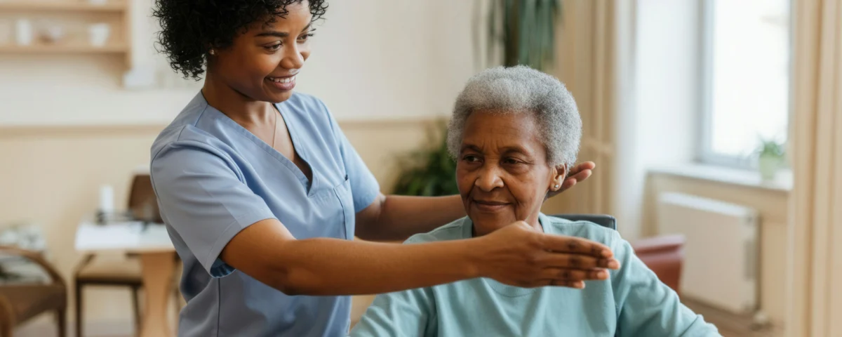 Young nurse helping older patient doing exercises for in nursing home